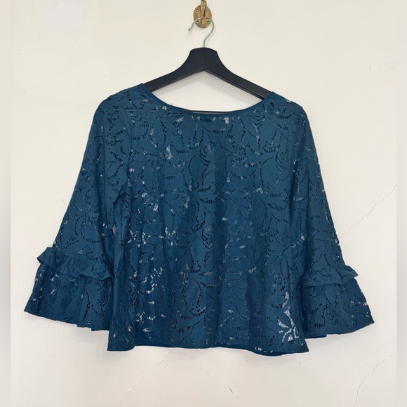 Women’s Part Two Grethe Lace Ruffle Sleeve Dark Teal Blouse Leaf Pattern Button - Picture 1 of 6